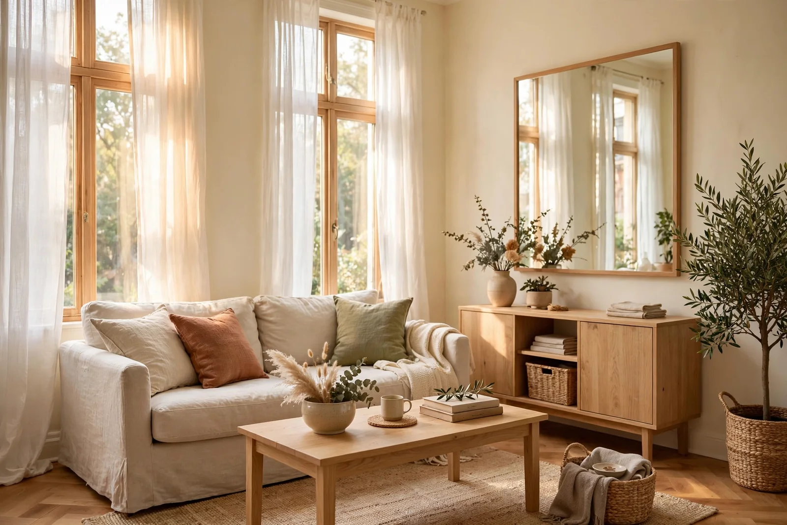 Bright small living room with cream walls, a pale linen sofa and a large mirror
