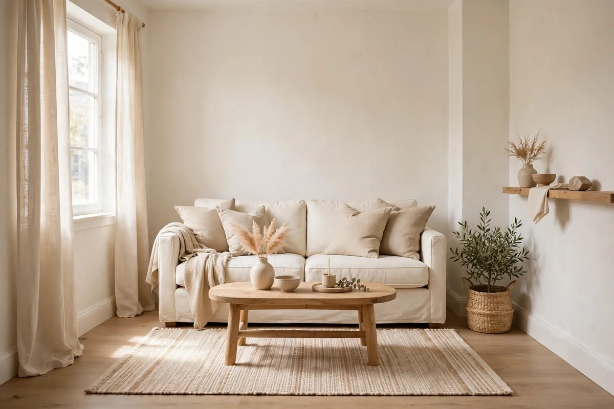 Small living room painted in warm white and cream with an ivory sofa