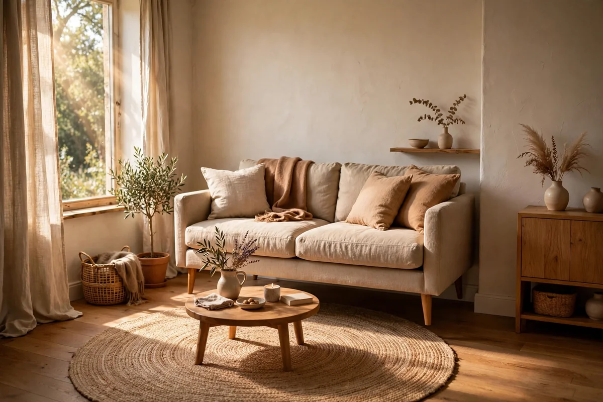 Compact living room with a linen sofa floated slightly away from the wall