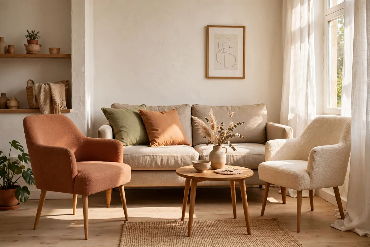 Small living room with a sofa and chairs raised on slim tapered wooden legs