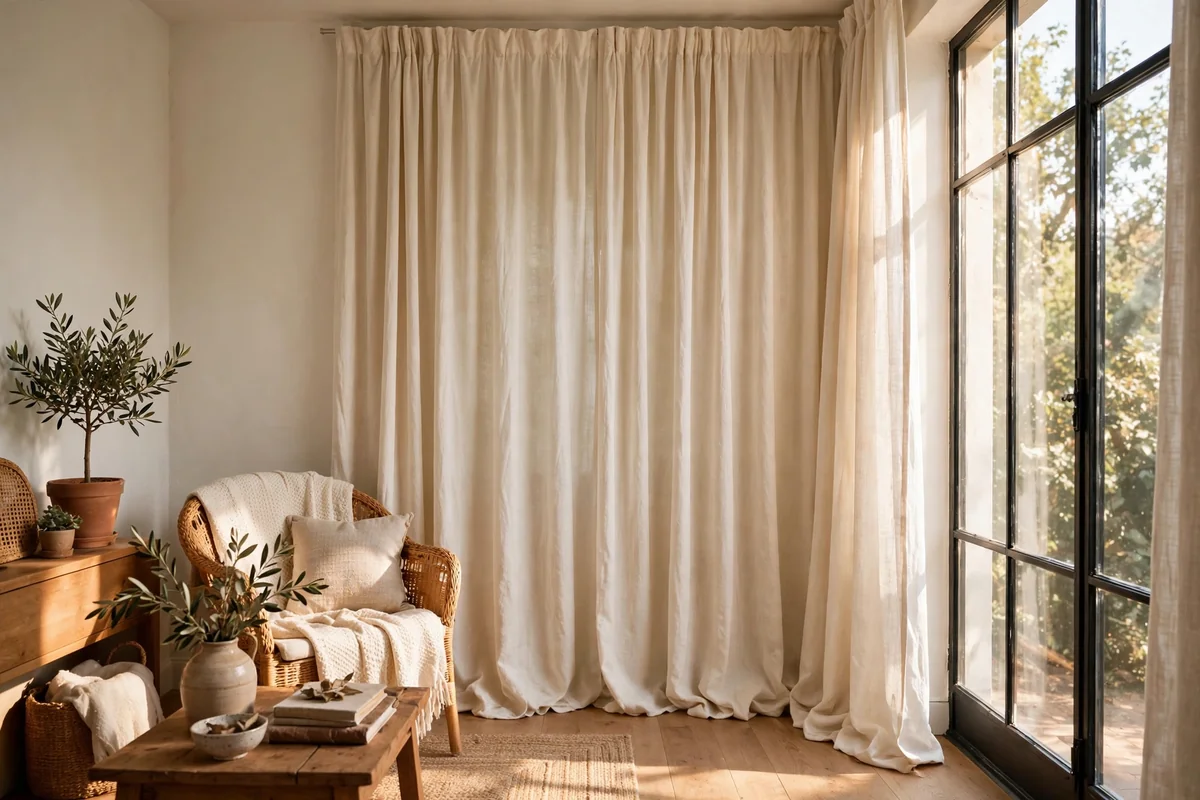 Small living room with floor to ceiling cream linen curtains beside a tall window
