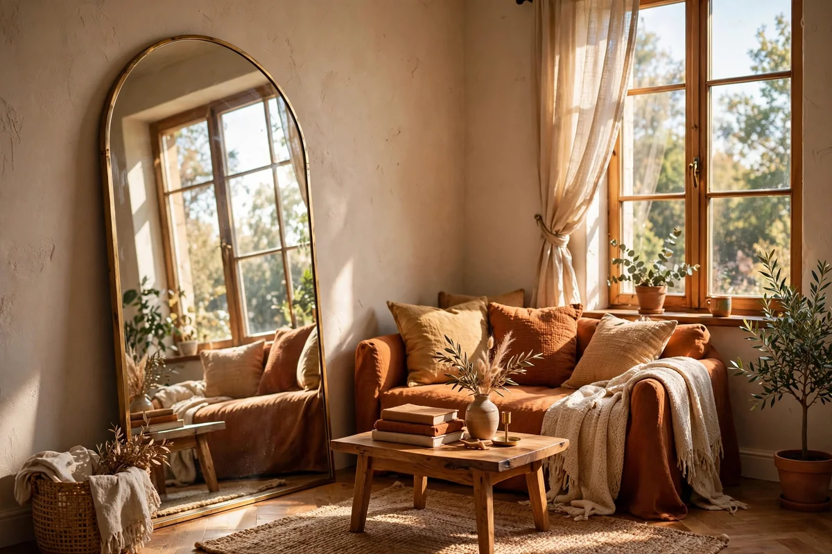 Small living room with a large arched brass mirror leaning opposite a sunny window