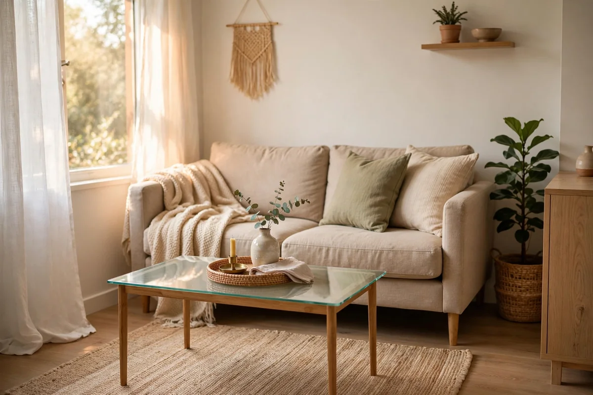 Compact living room with a light glass top coffee table and slim wooden legs