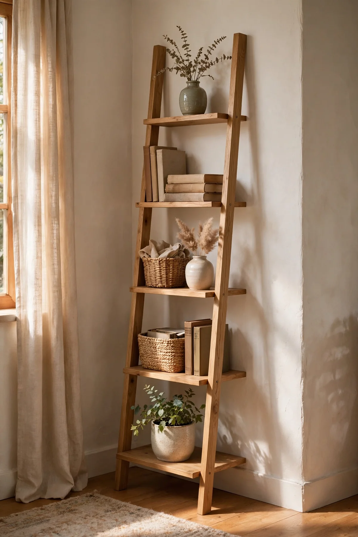 Tall narrow ladder shelf with books, baskets, vases and a small plant