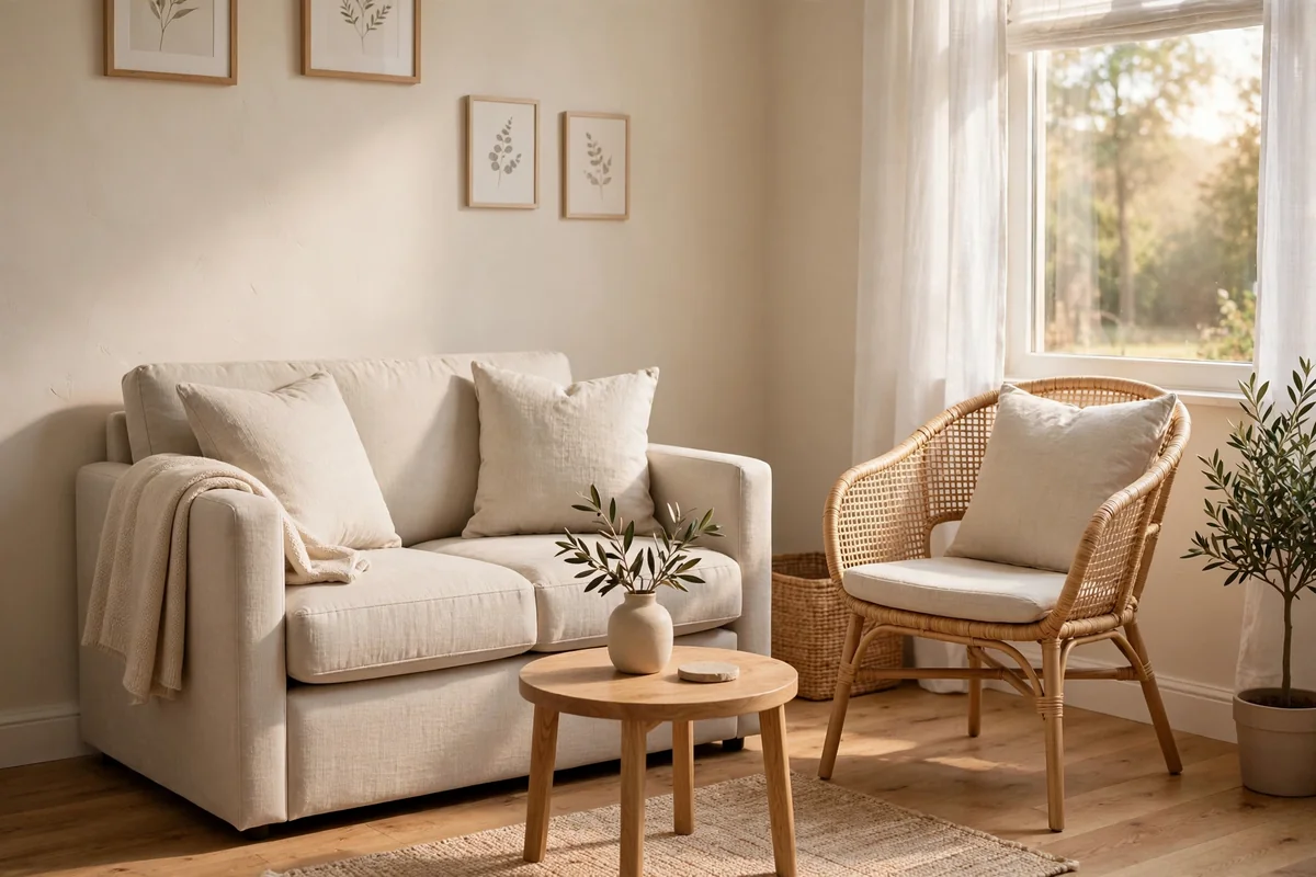 Small living room with a compact oatmeal loveseat and one lightweight accent chair