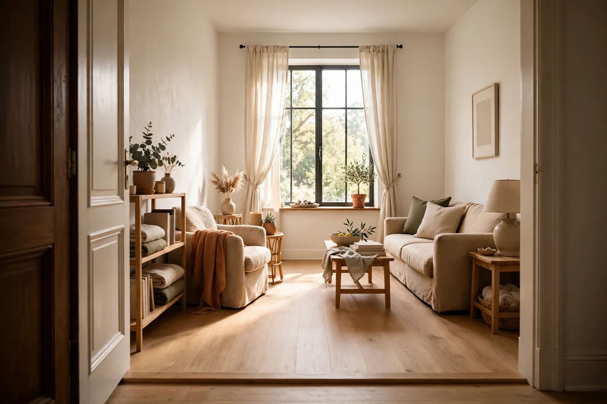 Small living room with a clear open walkway from the doorway to the window