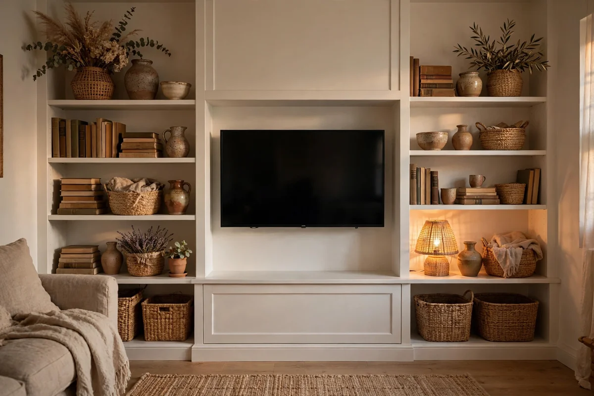 Shallow white built in shelves fitted around a wall mounted television