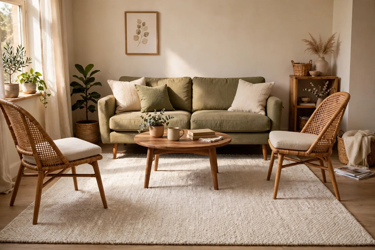 Small living room with one large pale rug under the front legs of the seating