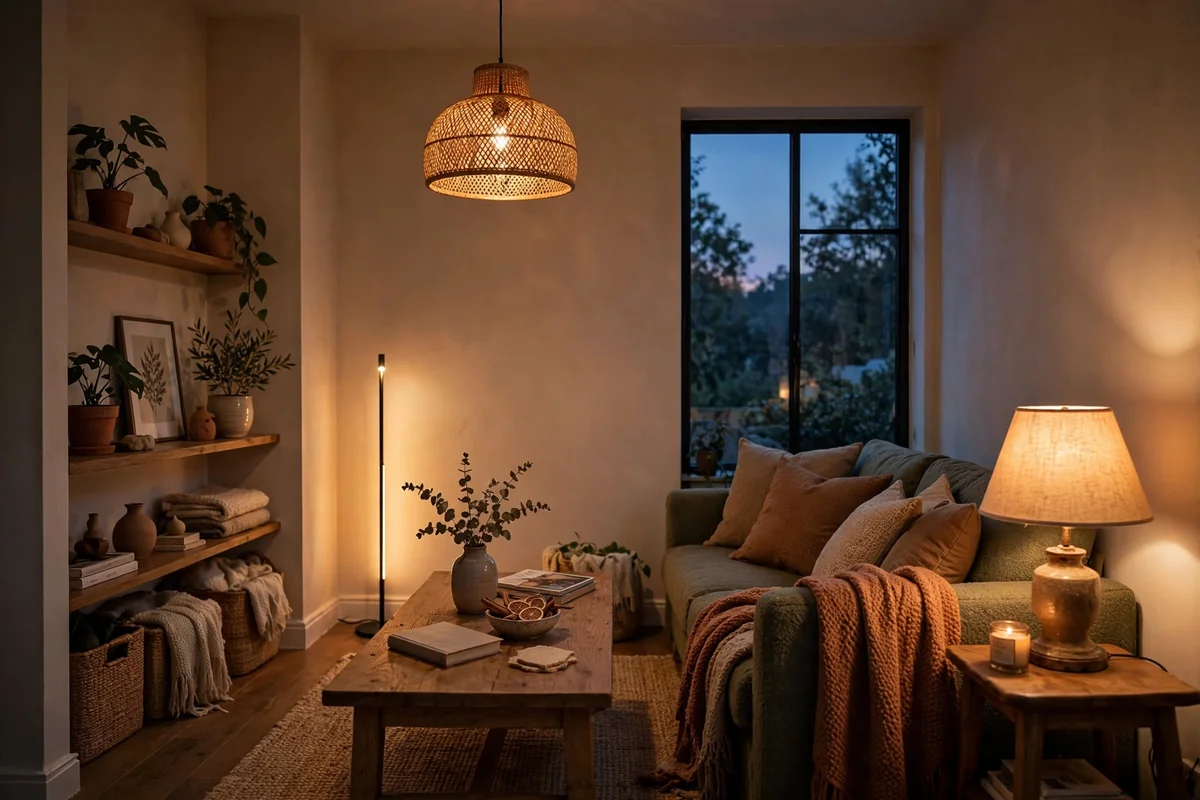 Cozy small living room at dusk with layered pendant, table and floor lighting