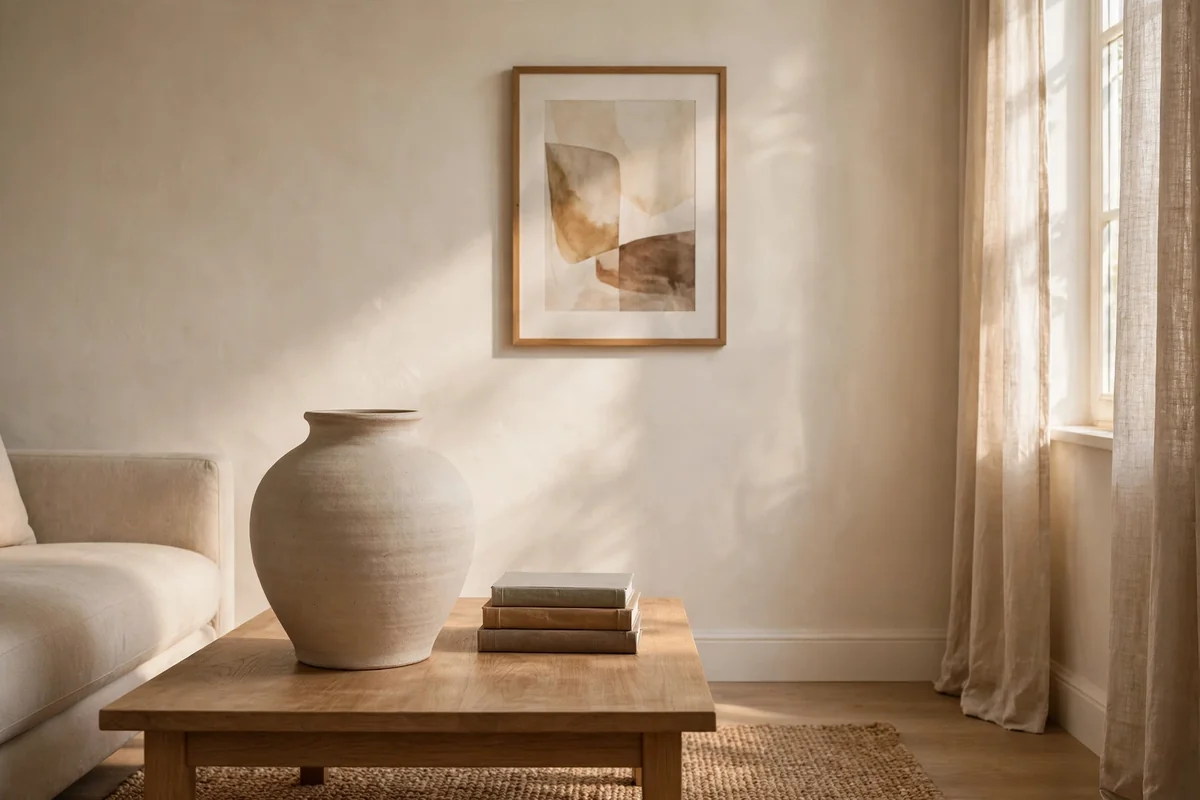 Calm small living room with edited surfaces holding a vase, artwork and books
