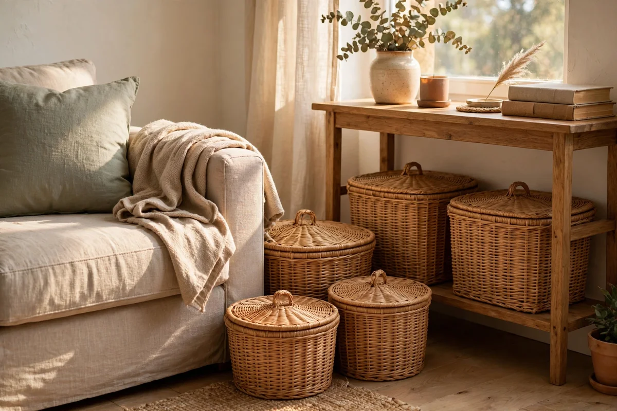 Woven lidded baskets stored beside a sofa and under a console table