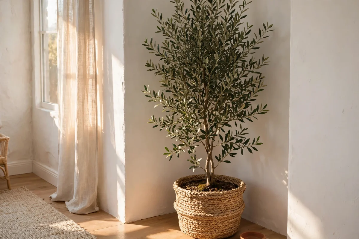 Tall potted olive tree in a woven planter filling a bright living room corner