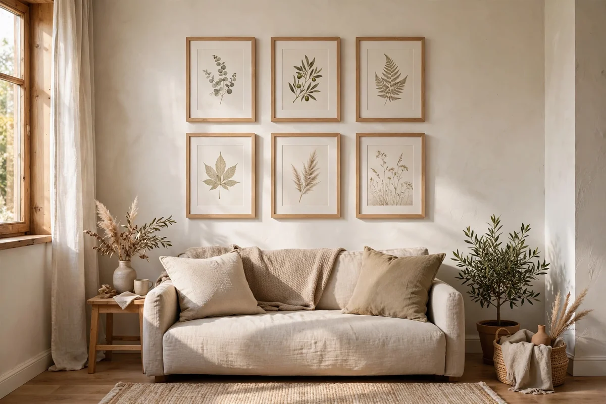 Grid gallery wall with matching light wood frames above a sofa