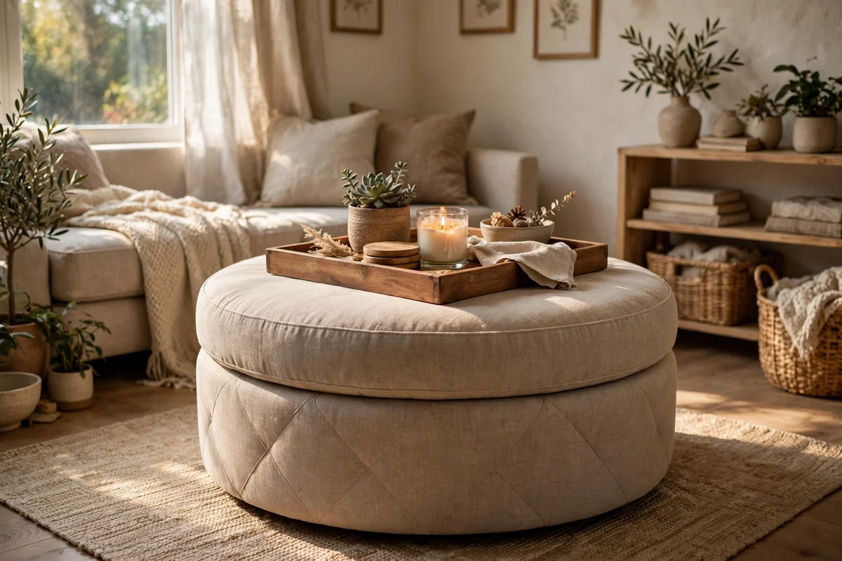Round upholstered storage ottoman used as a coffee table with a tray