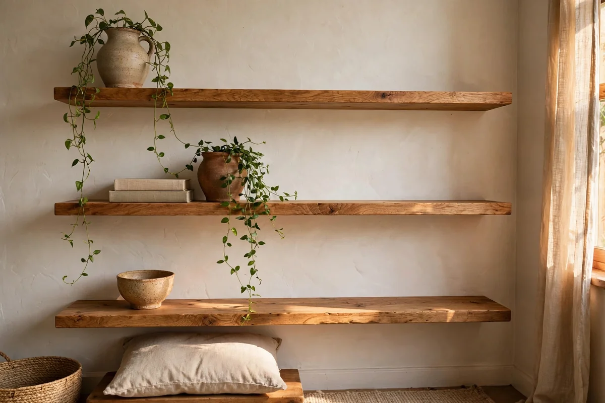 Open wooden shelves styled sparsely with pottery, books and greenery