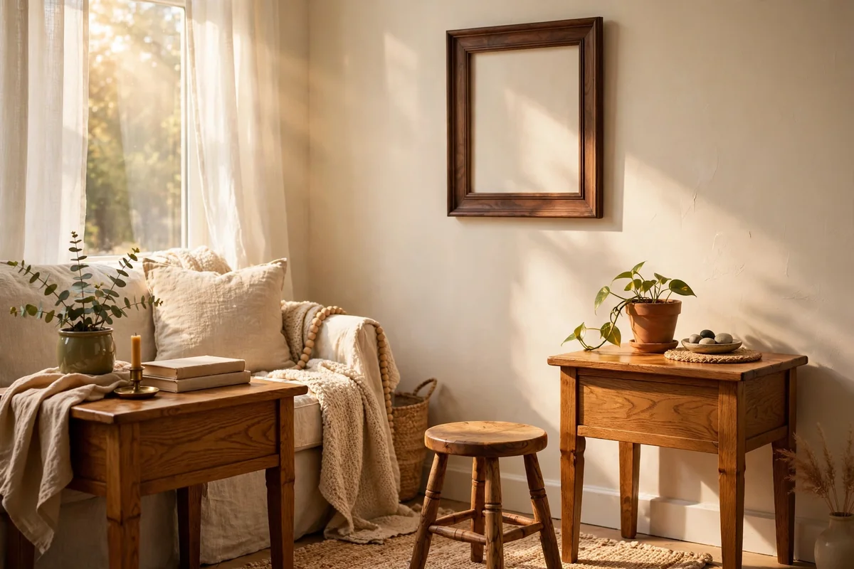 Small living room with honey oak side tables and warm wooden accents