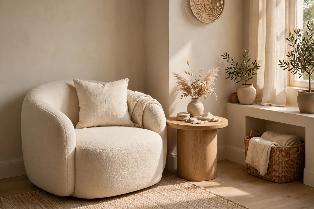Small living room with a curved armchair and round side table in a tight corner