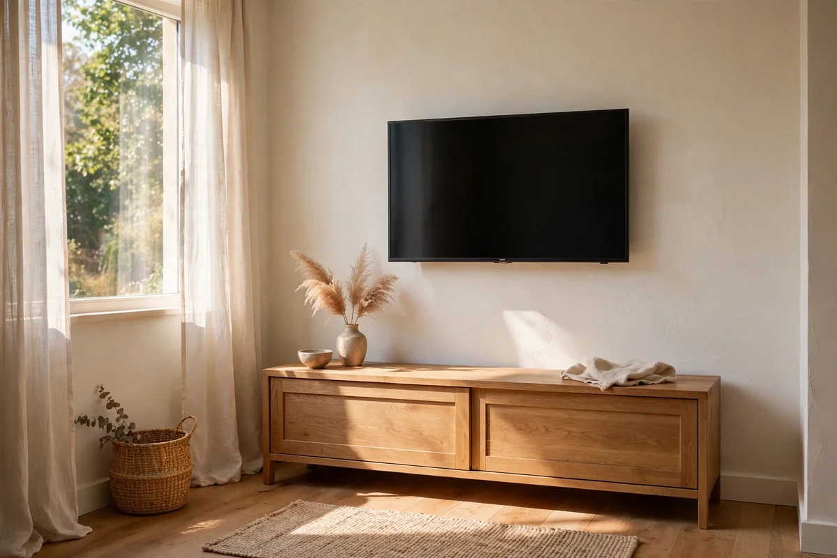 Small living room with a flush wall mounted television above a low console