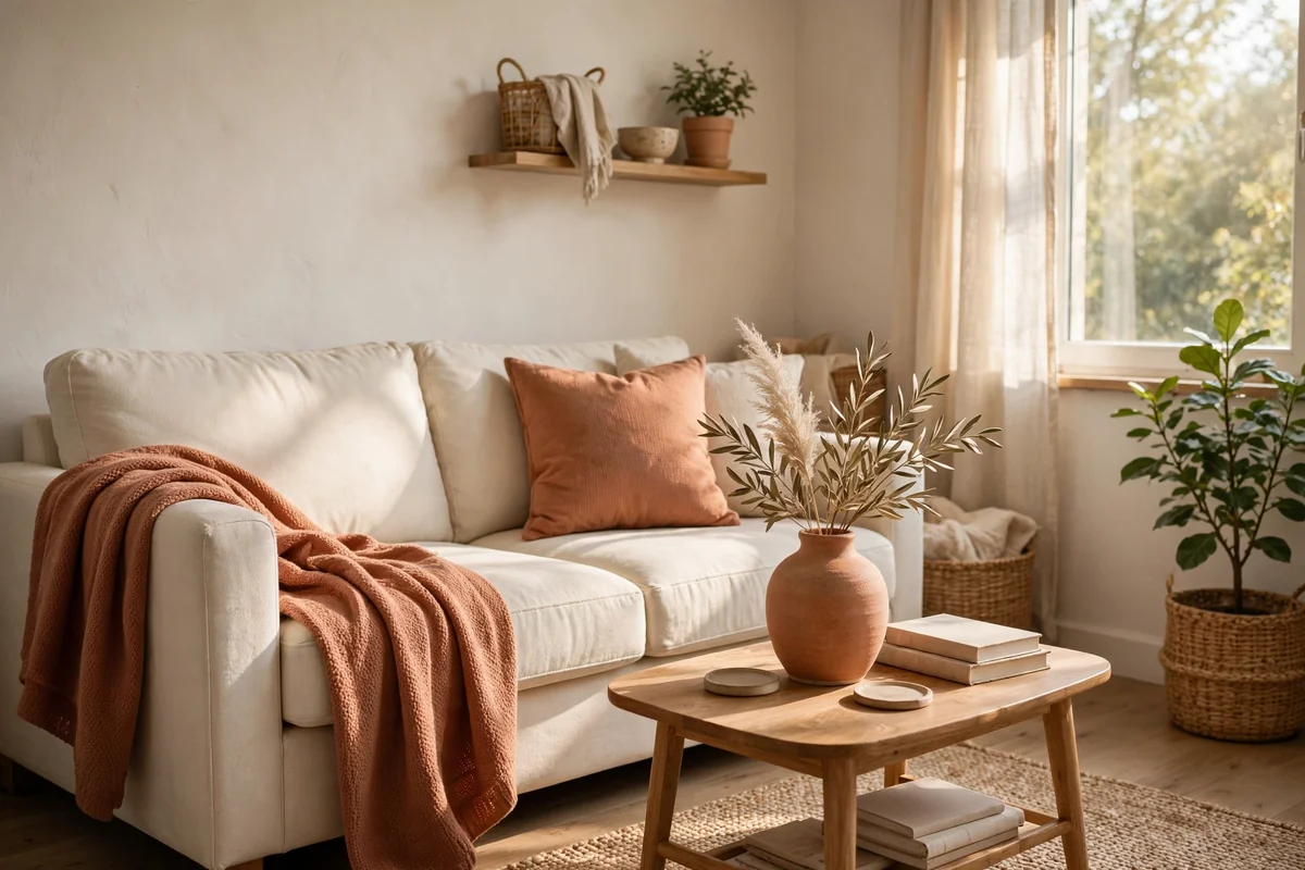 Small living room with a terracotta accent repeated in a cushion, vase and throw