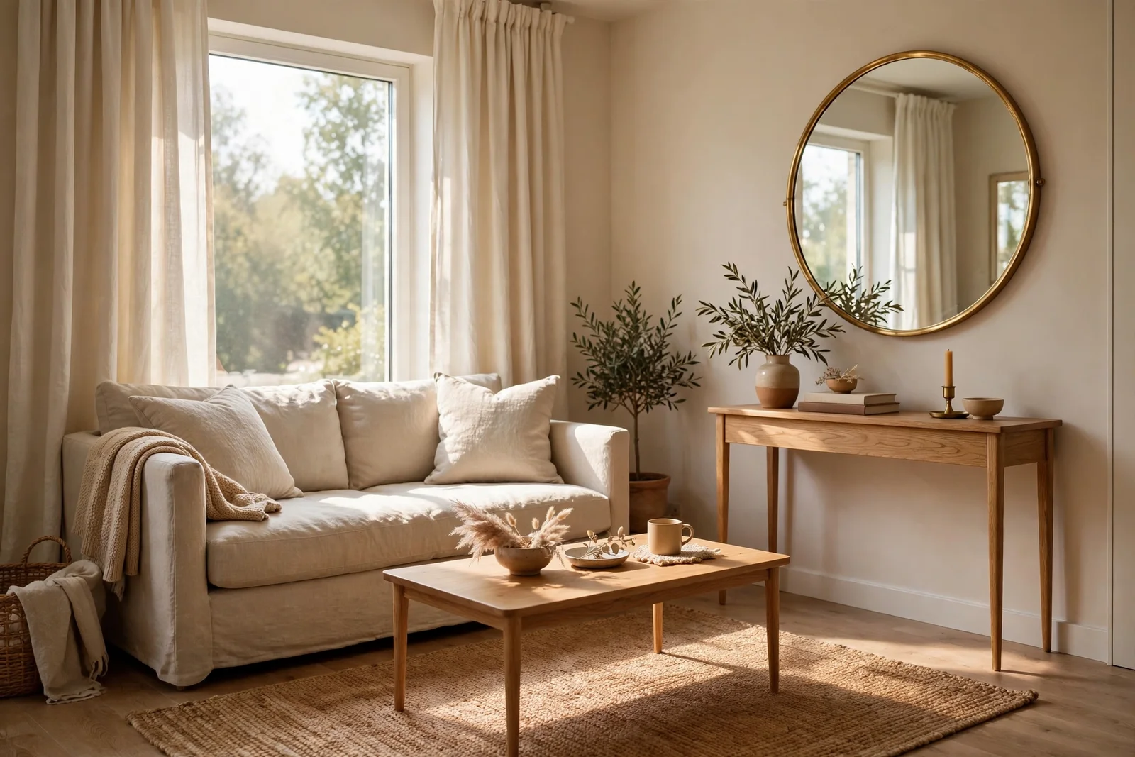 Compact living room with a low backed linen sofa, tall ceiling hung curtains and a large round mirror opposite the window