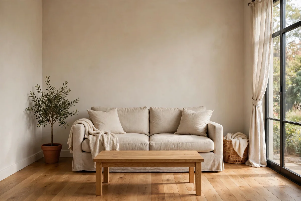 Small living room with a sofa sized to two thirds of the longest wall
