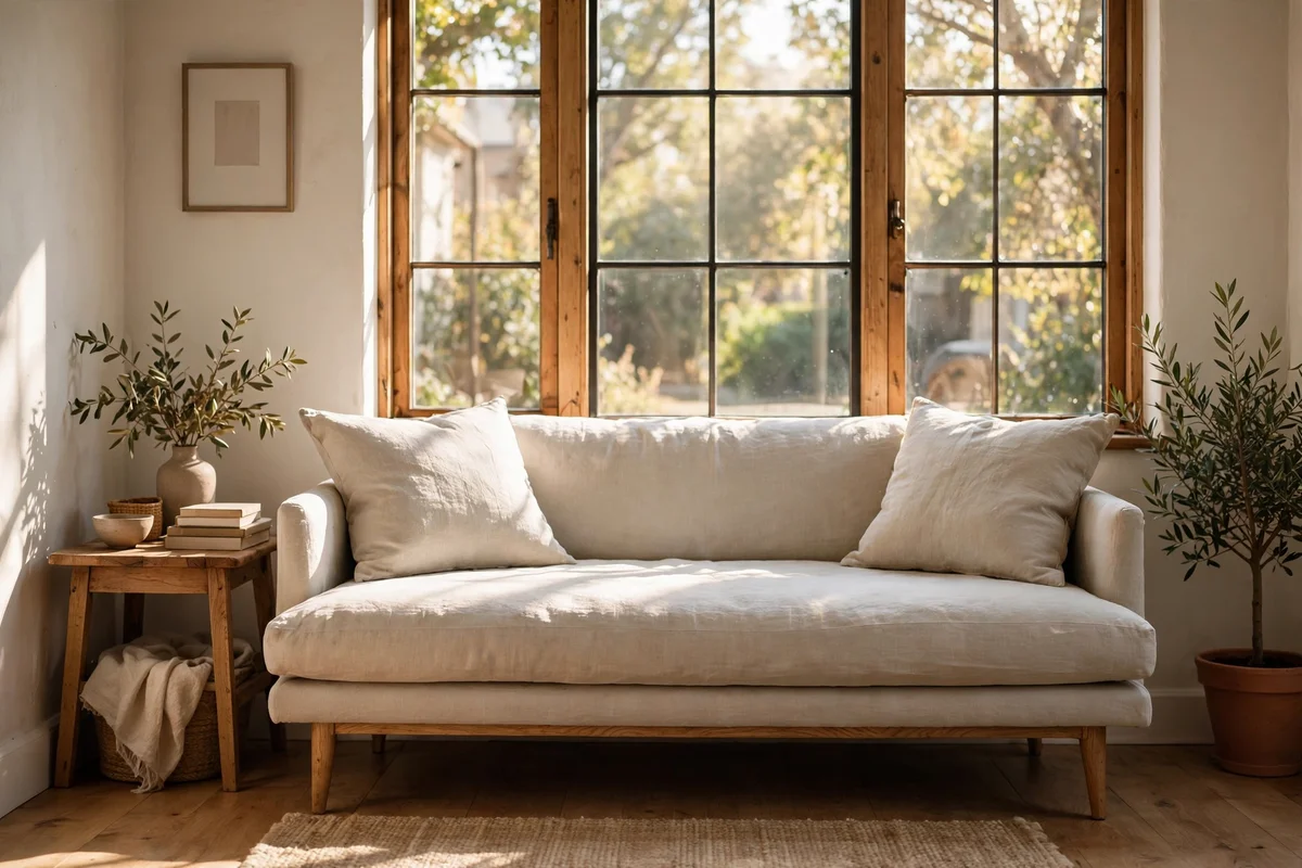 Low backed pale stone sofa with a shallow seat in a small lounge