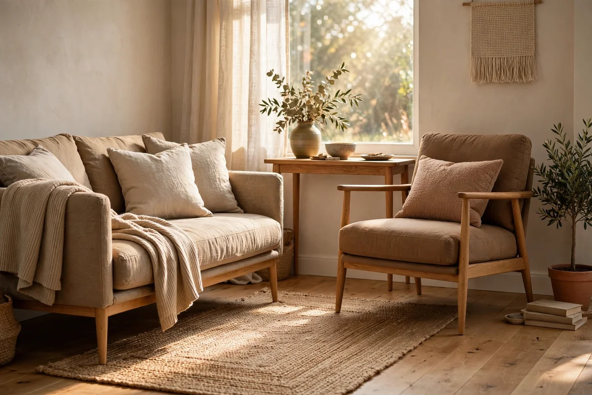 Sofa and armchair on slim tapered timber legs with visible floor beneath