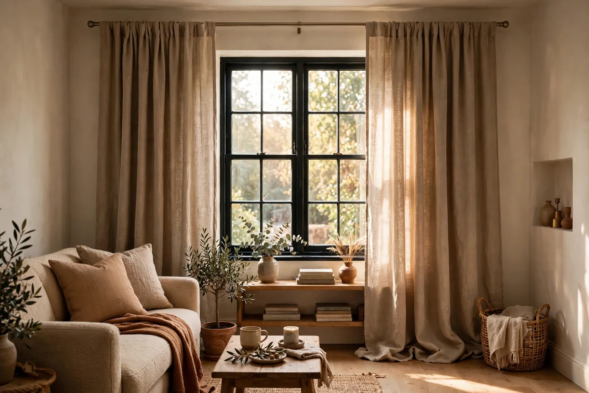 Tall linen curtains hung near the ceiling and wide of the window frame