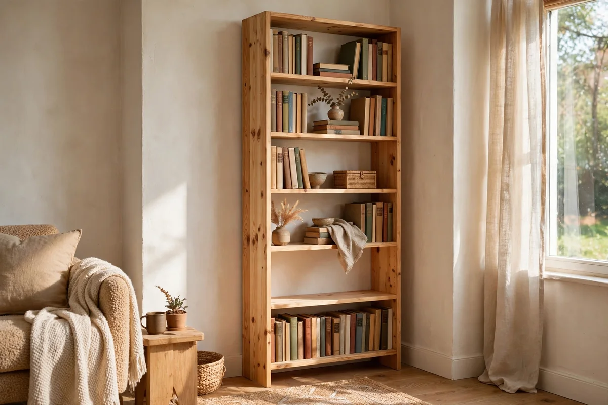 Tall slim bookcase in the corner of a small living room
