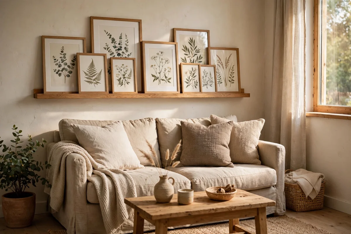 Shallow oak picture ledge with layered framed prints above a sofa