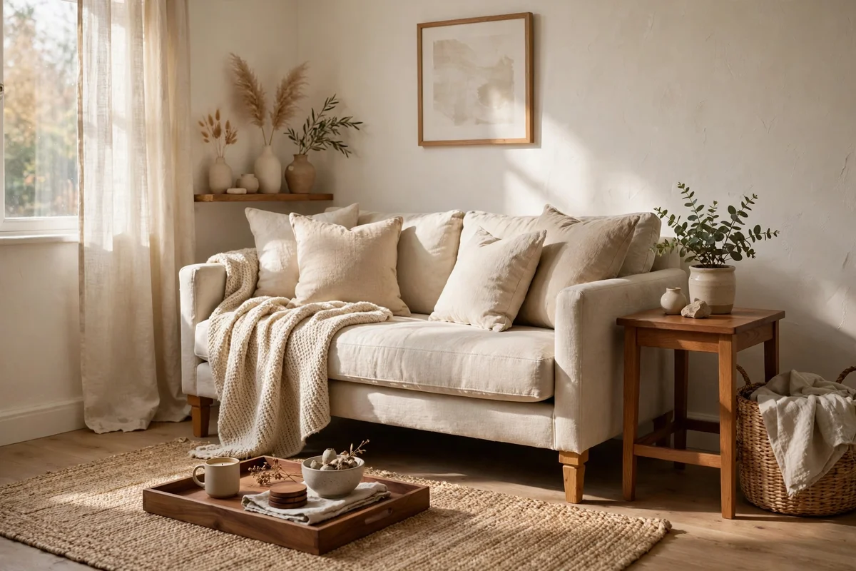 Pale warm white living room warmed with oak and walnut timber pieces