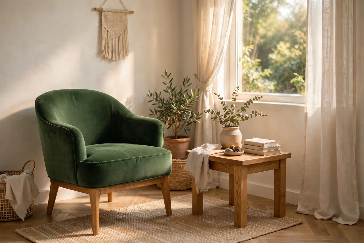 Small lounge with one heritage forest green accent chair among pale neutrals