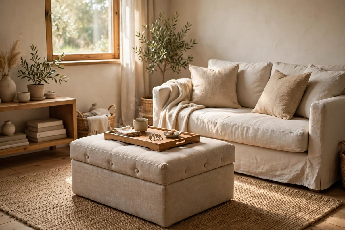 Storage ottoman with a tea tray serving as a coffee table in a small lounge