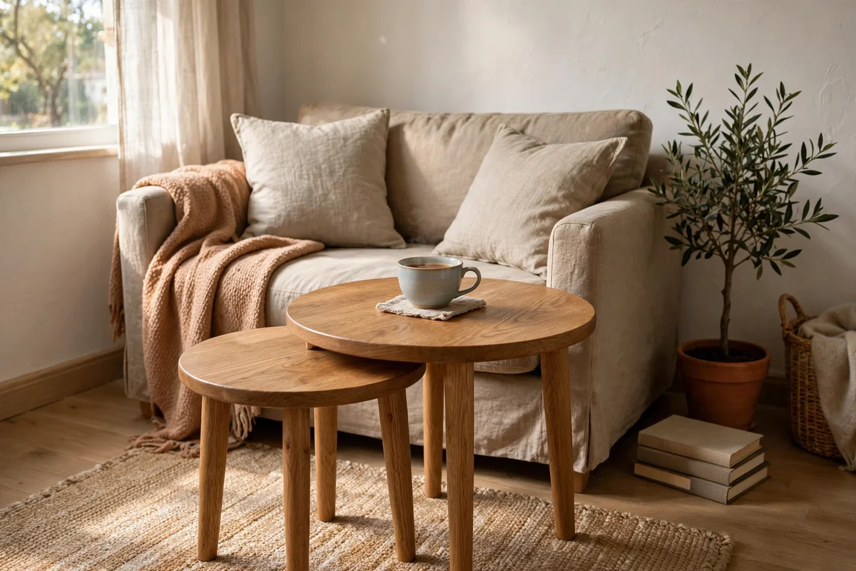 Pair of oak nesting tables tucked beside a sofa in a compact lounge