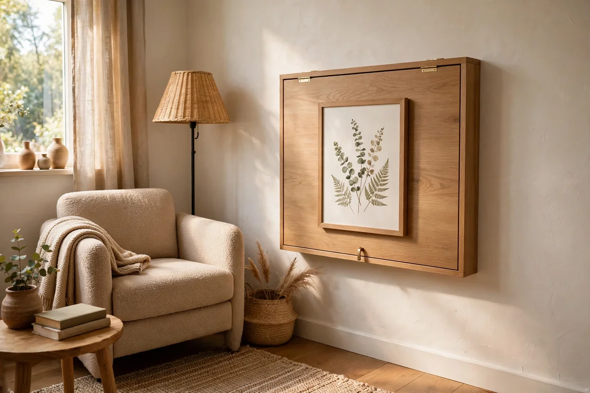 Fold down wall desk closed to a slim panel in a small living room corner