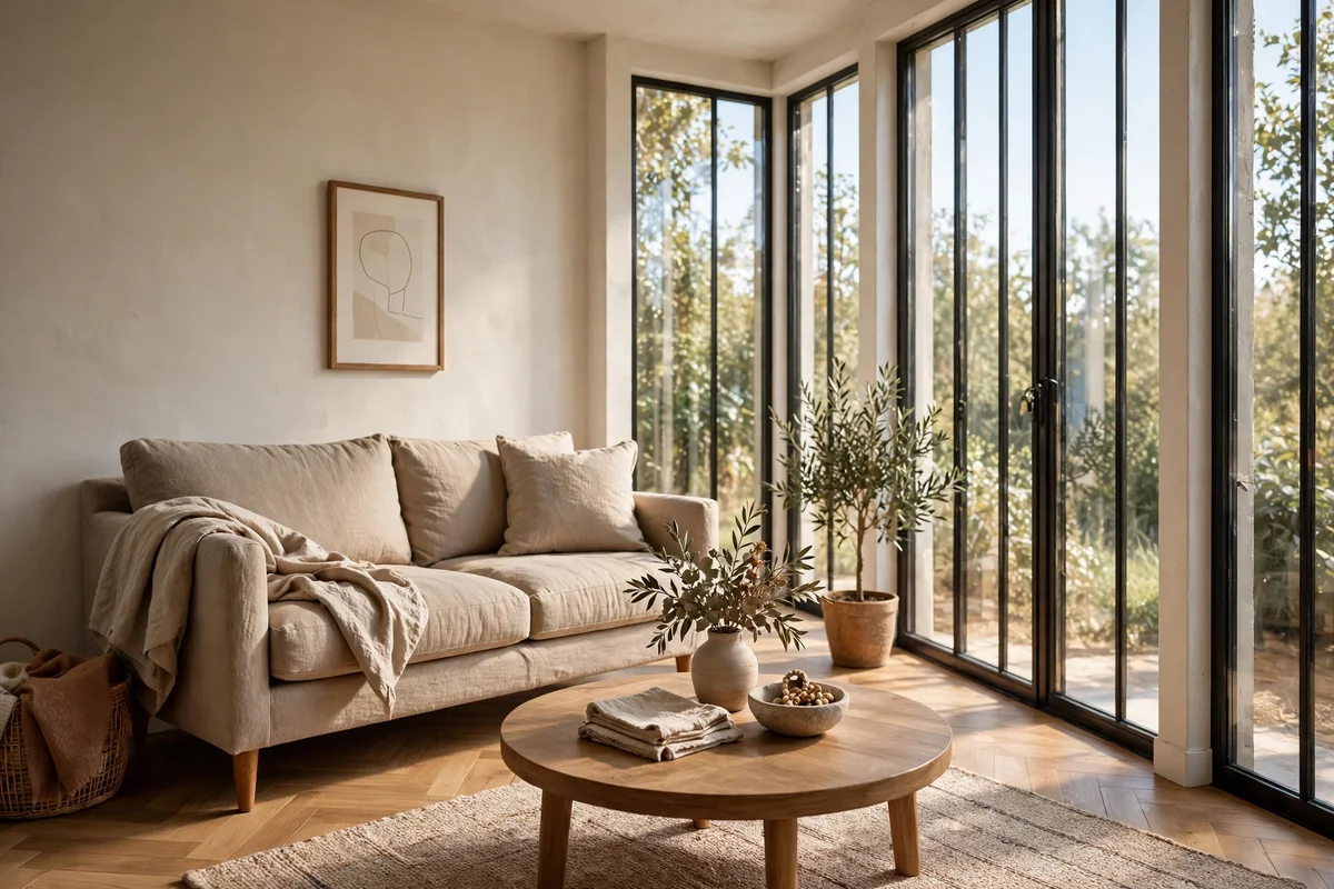 Clear walkway marked between sofa and window in a small living room