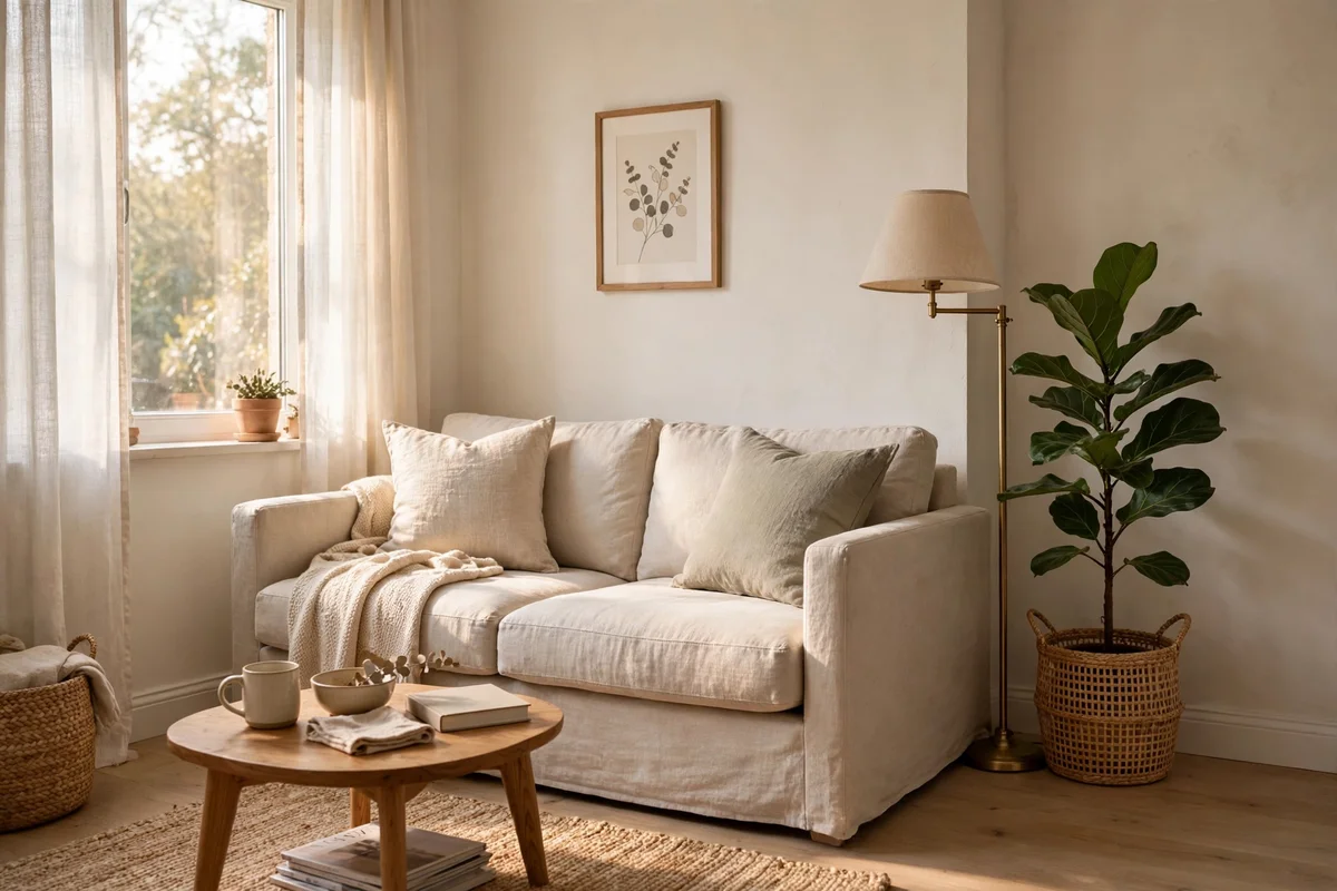 Small lounge with one bulky armchair removed leaving an open calm corner