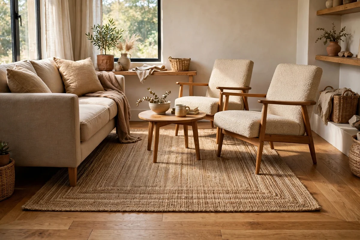 Large flatweave rug anchoring sofa and chairs in a small living room