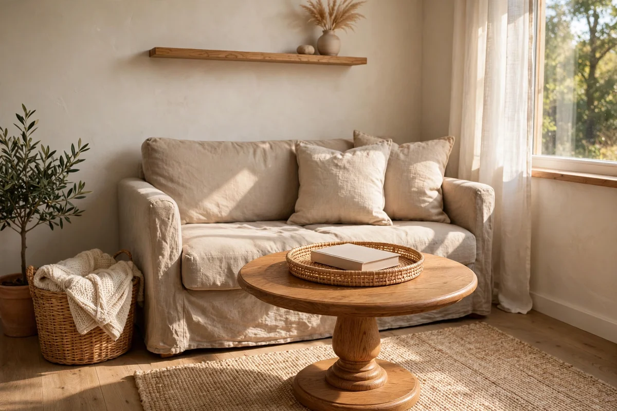 Small round pedestal coffee table centred before a sofa in a compact lounge