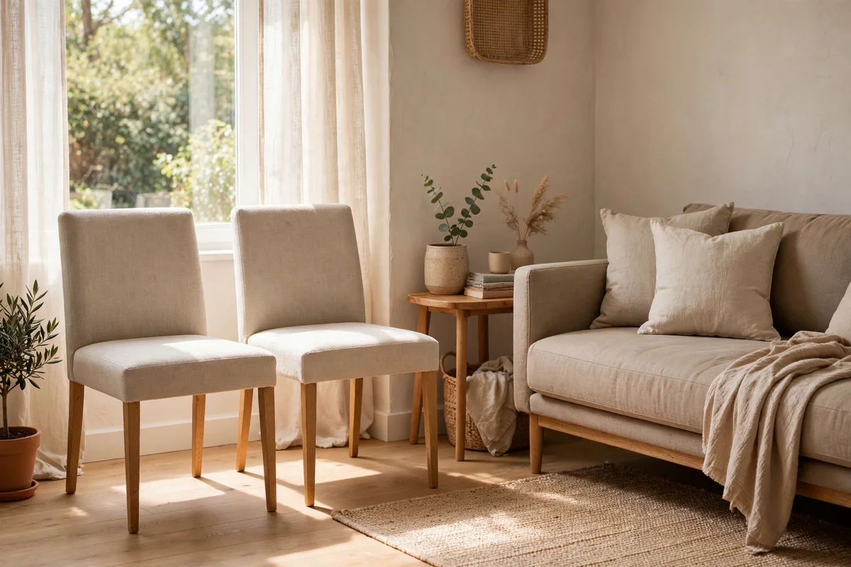 Slim armless linen accent chairs beside a sofa in a small lounge