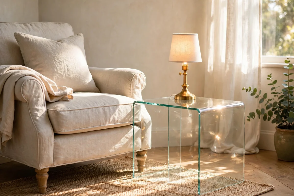 Clear glass side table holding a small lamp in a compact lounge corner
