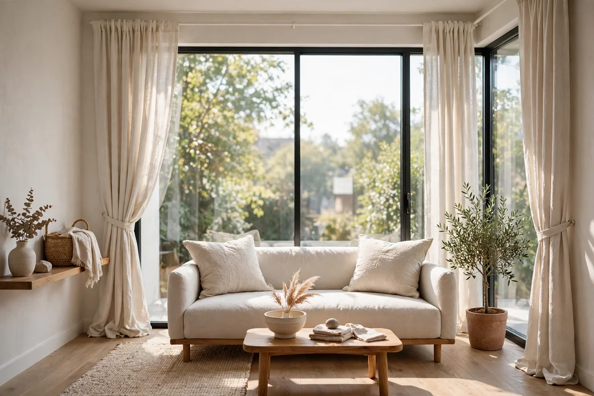 Curtains in the same tone as the walls in a small living room