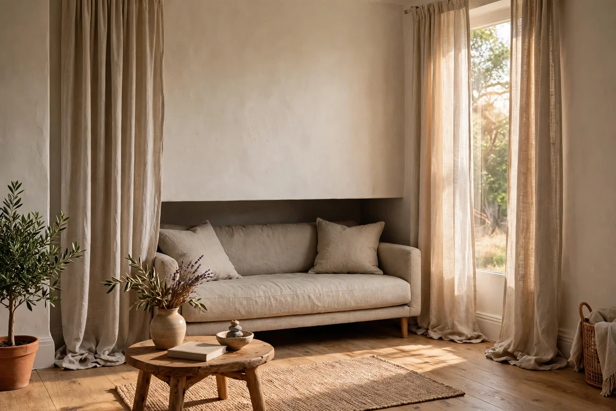 Sofa floated slightly off the wall with a slim shadow gap in a small lounge