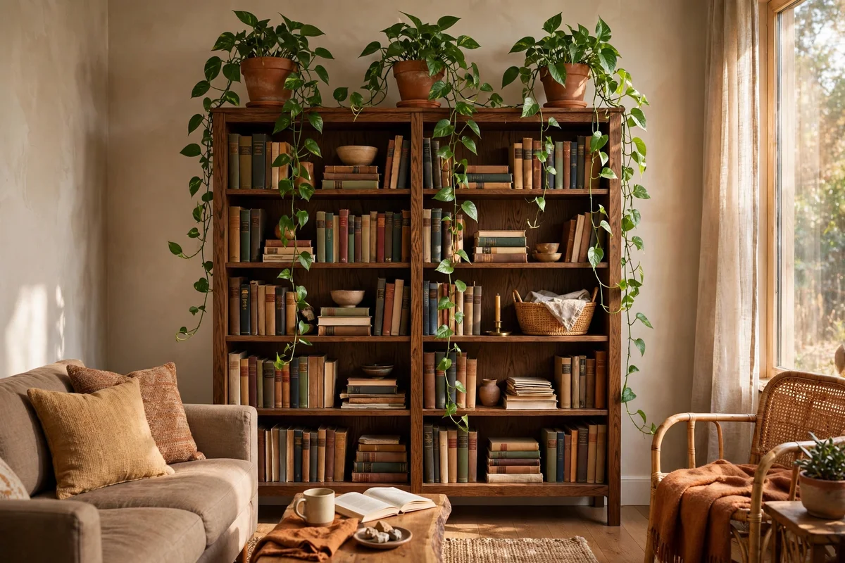 Trailing pothos plants on top of a tall bookcase in a small living room