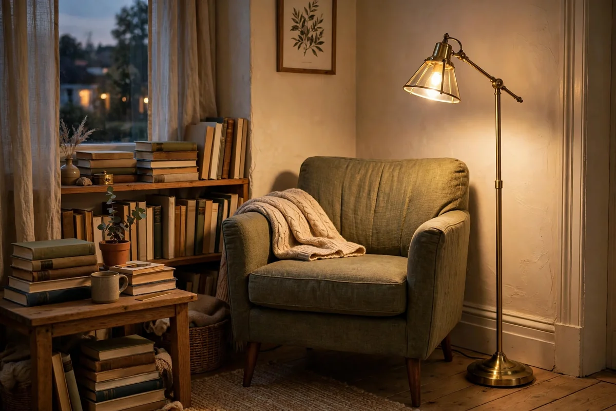 Slim brass floor lamp glowing in the corner of a small living room