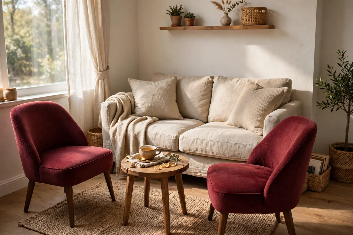 Two small accent chairs angled toward a sofa forming a conversation circle