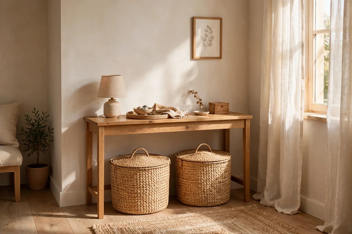 Slim console with lidded seagrass baskets holding daily clutter in a lounge