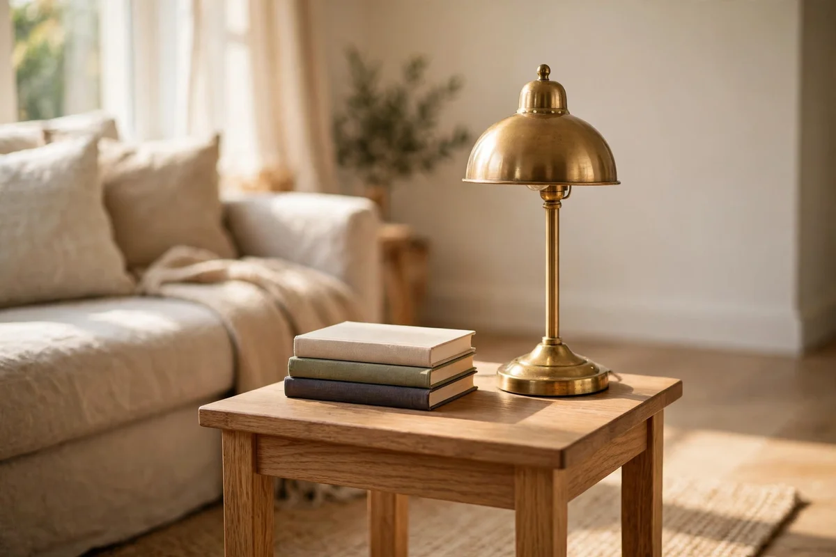 Calm mostly clear side table with a lamp and small stack of books