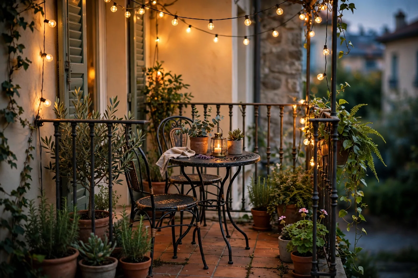 Small cozy balcony with bistro set, plants and string lights