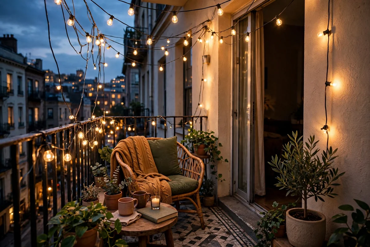 String lights on small balcony at dusk